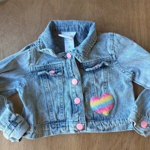 Vintage Little Lass Kids Denim Jacket with Rainbow Heart Patch Cropped 3T